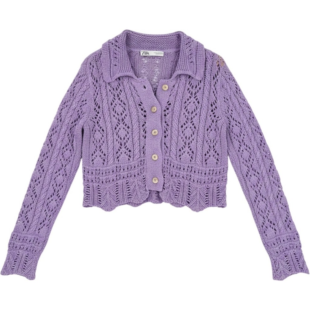 Zara Crochet Cardigan Purple Small Pointelle Knit Button Up Boho Coquette